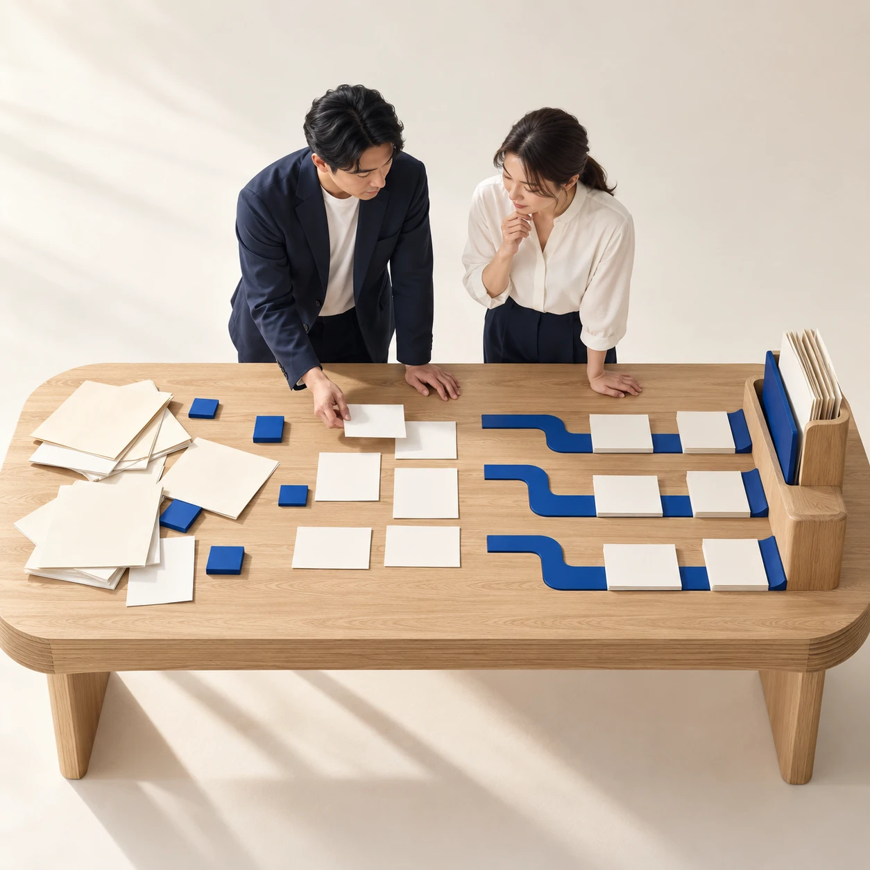 木の仕事台と青い経路で業務改善・AI活用支援を表した生成画像