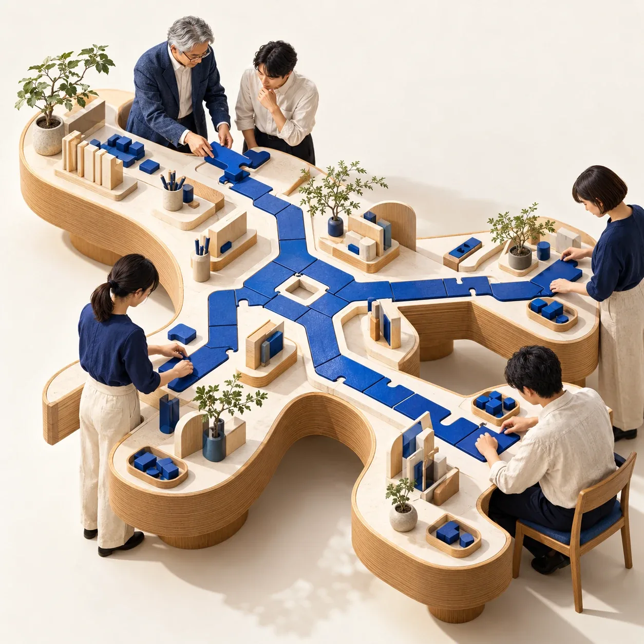 木の仕事台と青い経路でベテランの知恵を社内で共有する様子