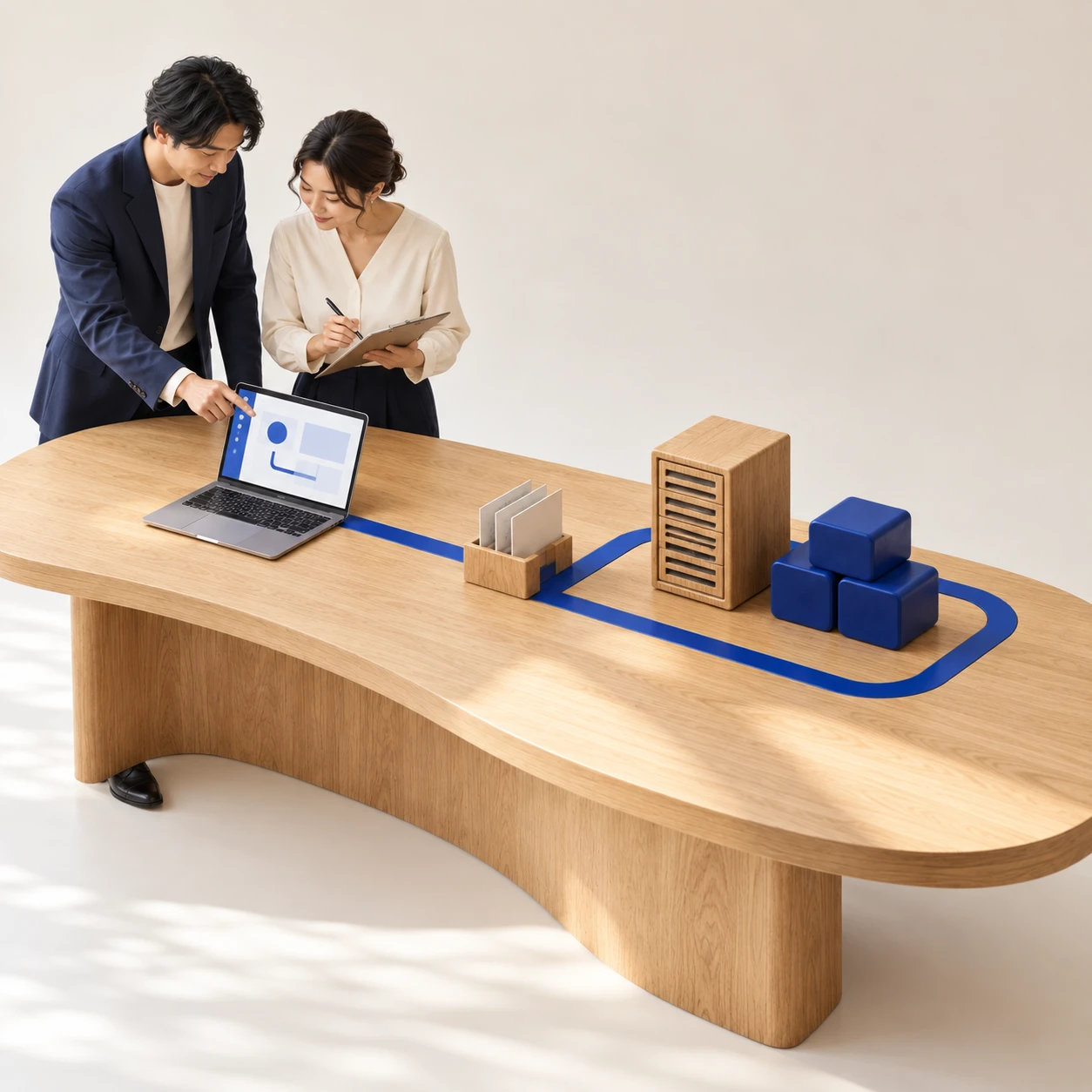 木の仕事台で2人がアプリを確認し、青い経路で公開環境と運用につなぐ生成画像